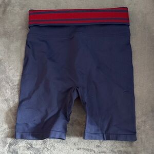 Navy Blue Athletic Shorts with Red Stripe